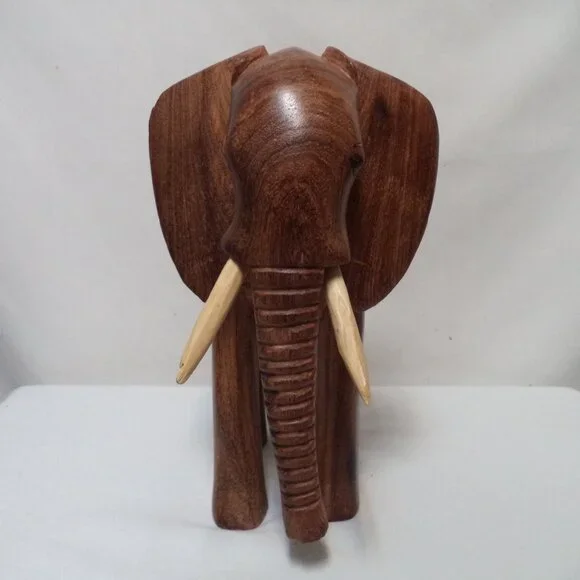 Elephant Wood Hand Carved Figurine Statue brown w/ Tusks Trunk 11" x 8.5" Decor - Picture 9 of 13